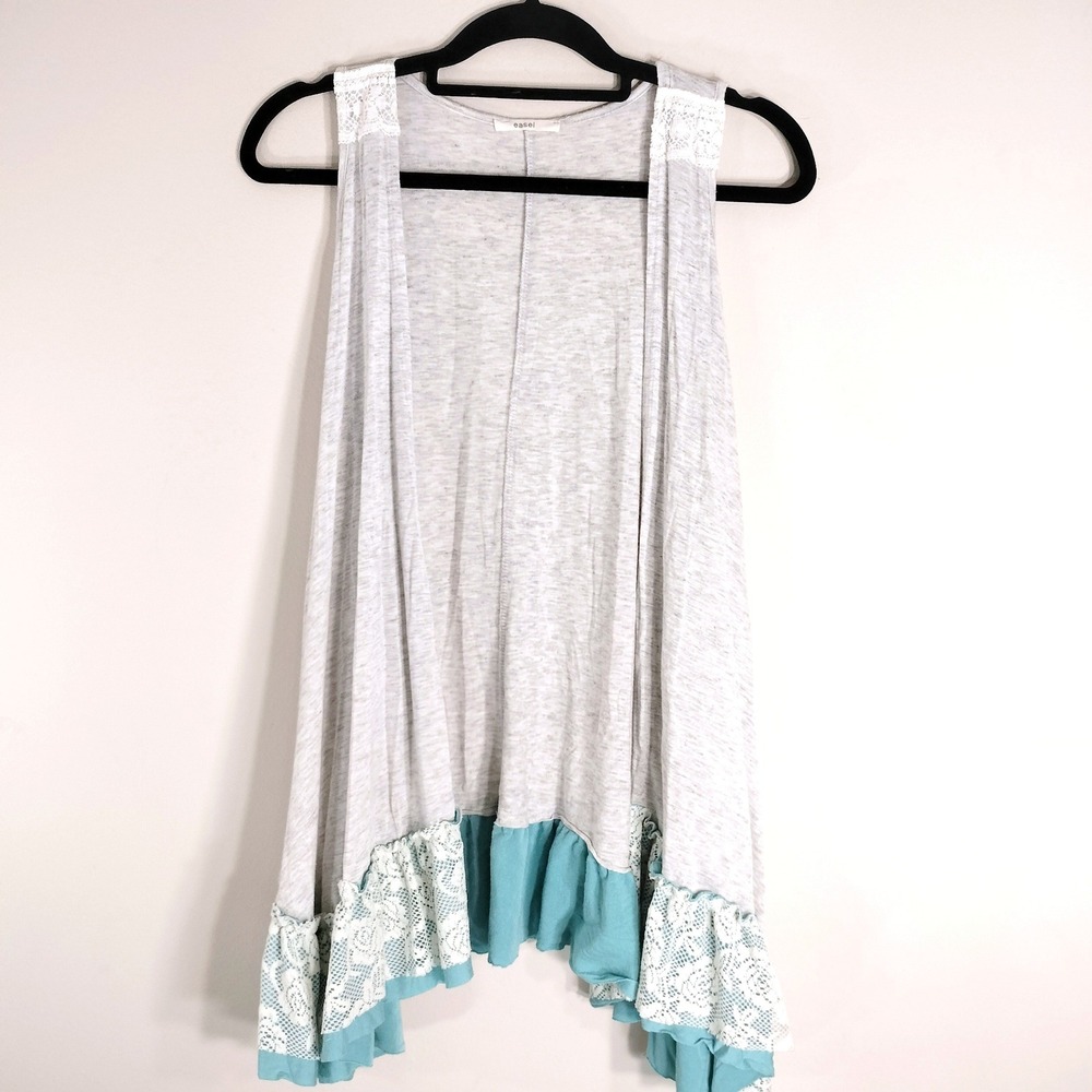Easel Gray Duster Vest; Lace Trim Ruffle Hem Open Front Sleeveless Cardigan